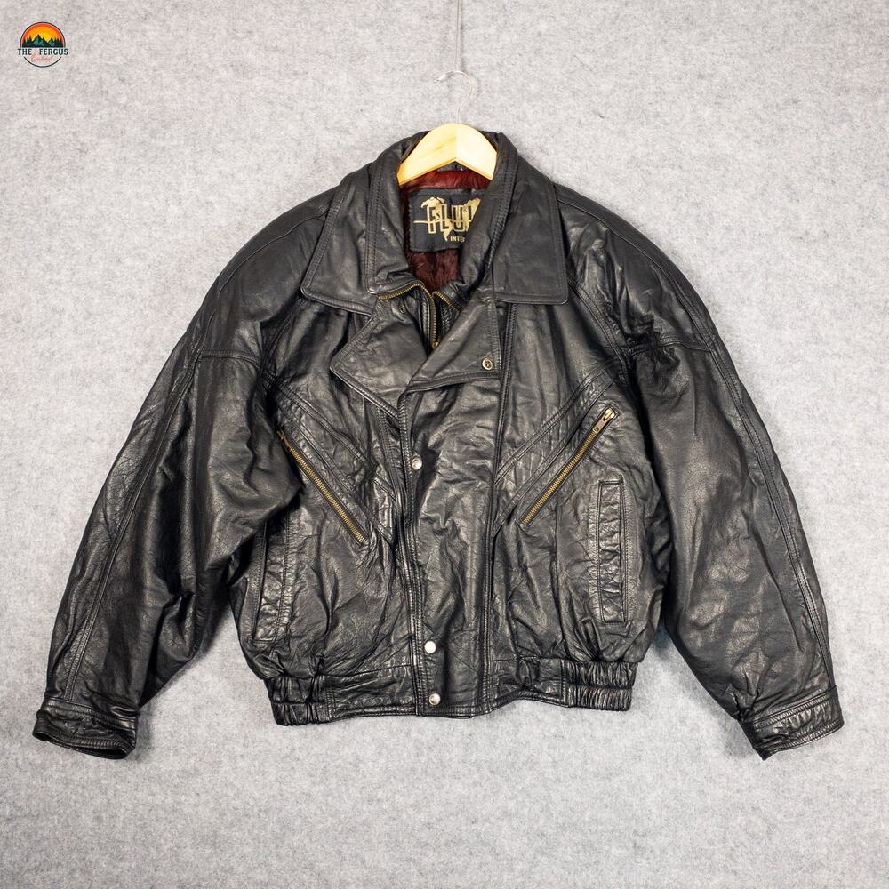 Fluid Internationale Bomber Jacket Motorcycle Black Leather Pockets Men's Large